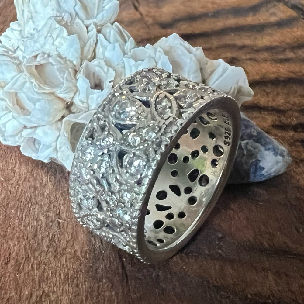 Authentic Pandora Ring Shimmering Leaves Fall Lavish Sparkle Silver Wide Band 52